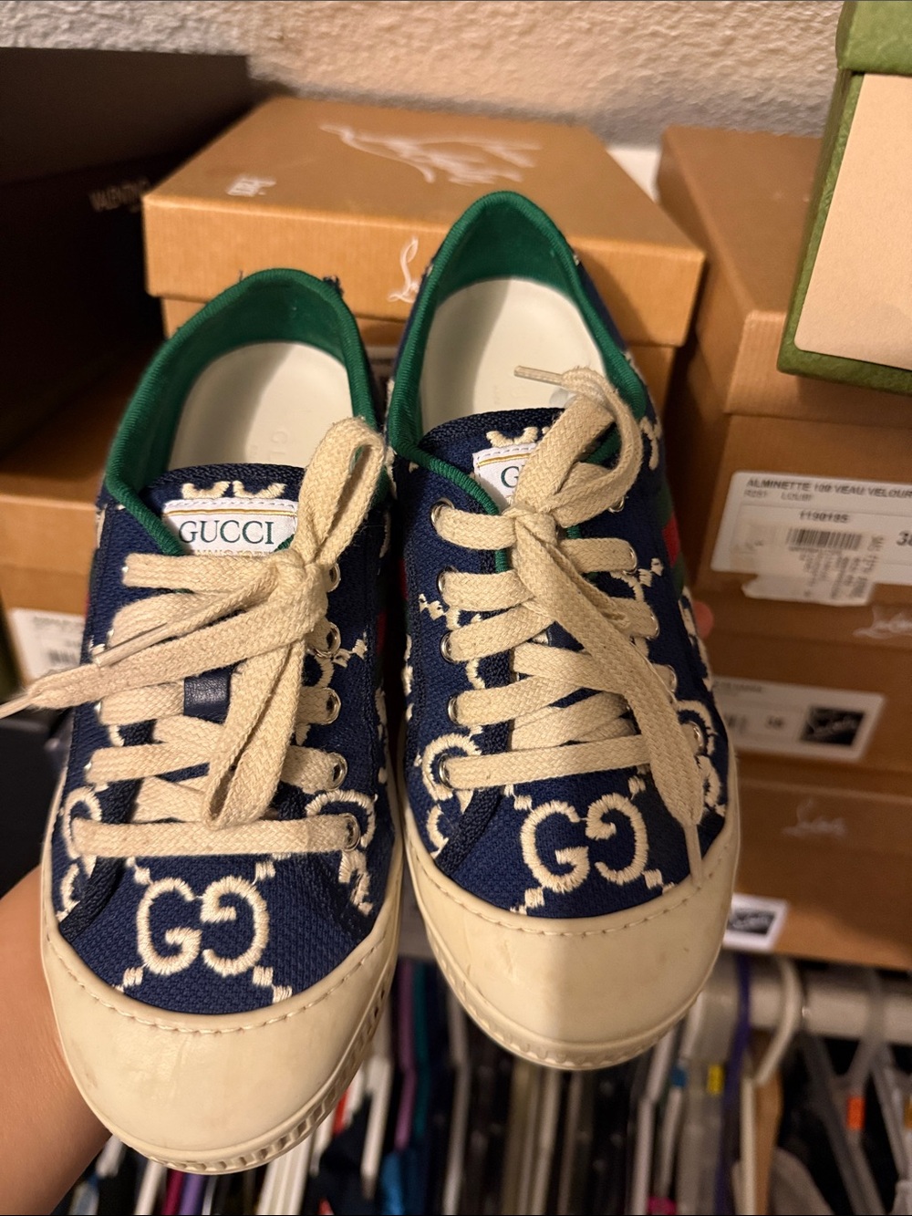 Gucci Navy GG Canvas Low-Top Sneakers with Cream Laces and Green Lining